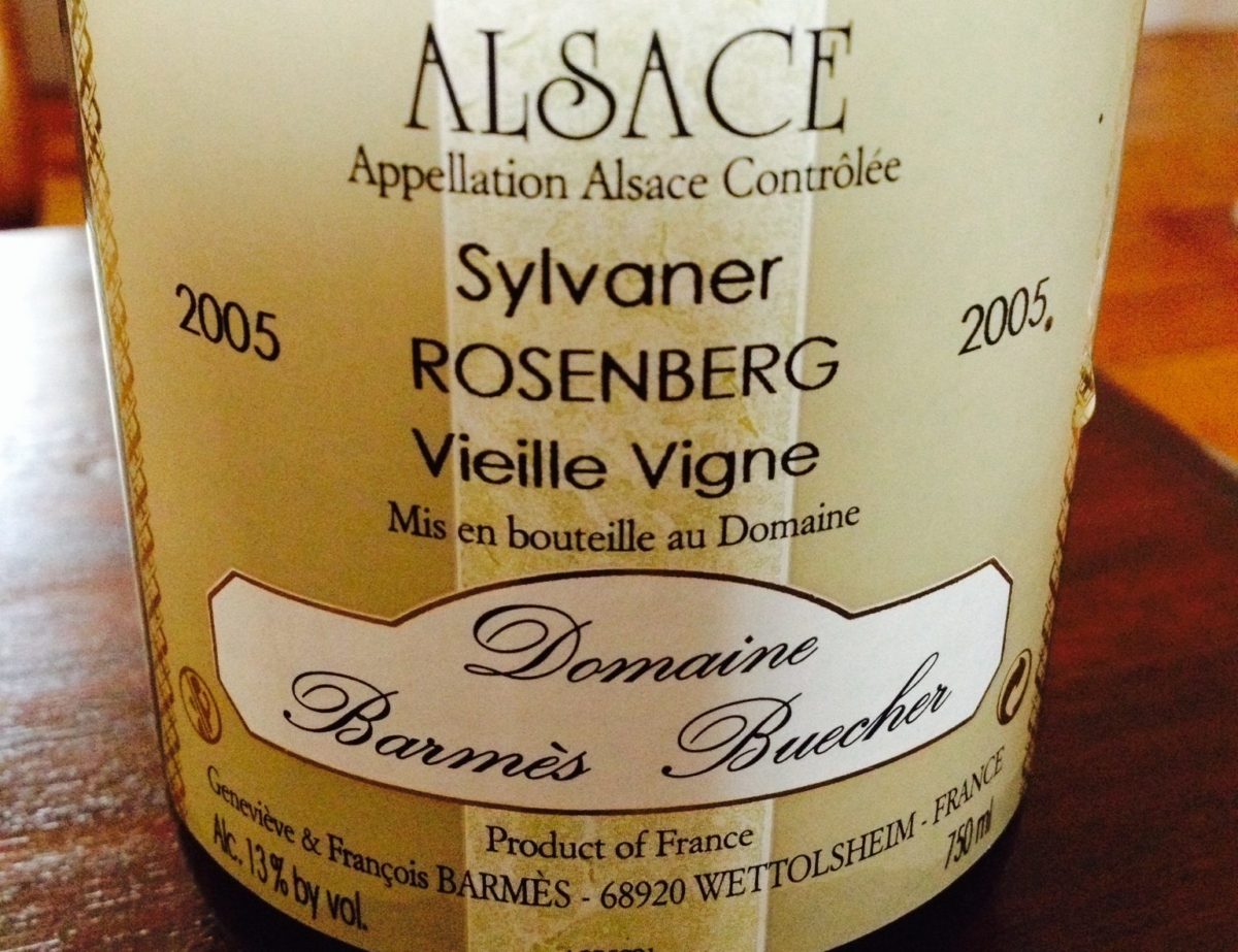 Close-up view of an Alsace Sylvaner Rosenberg 2005 wine bottle label.