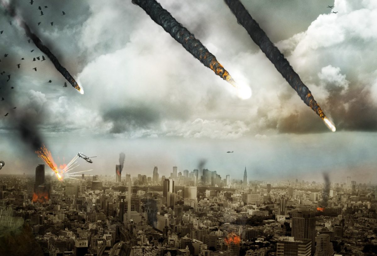 A dramatic apocalyptic scene showing a city under attack with explosions, falling meteors, and flying debris.