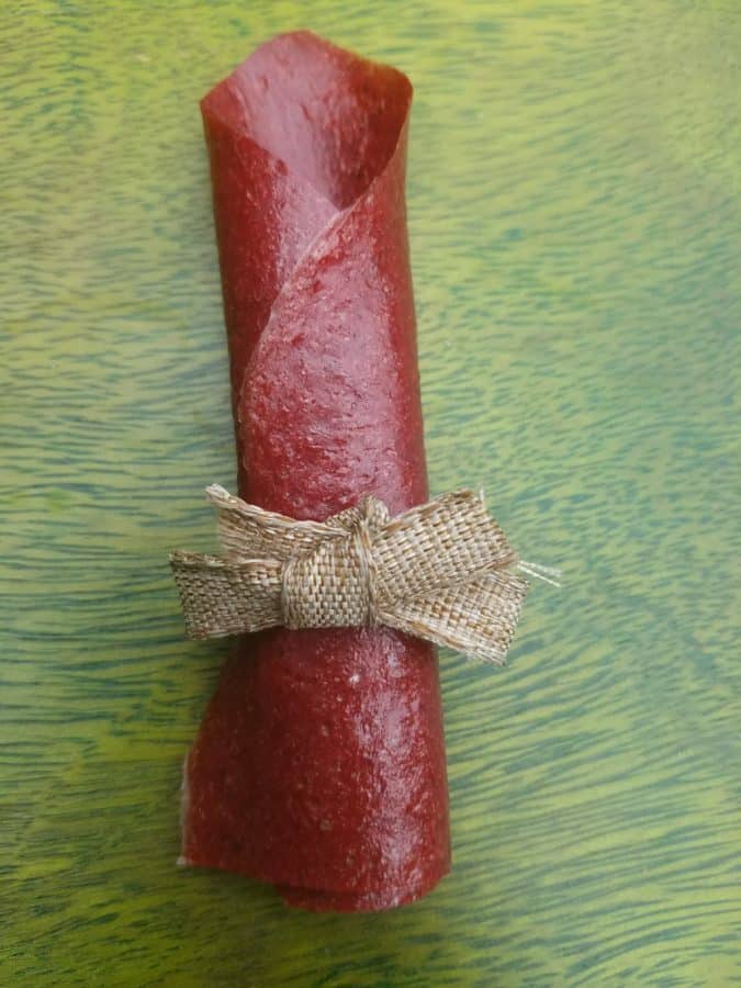 Close-up of Autumn berry fruit leather, rolled and tied with a burlap bow