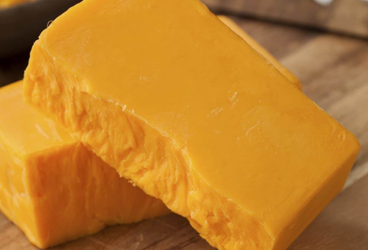 Close-up shot of a yellow block of Government Cheese.