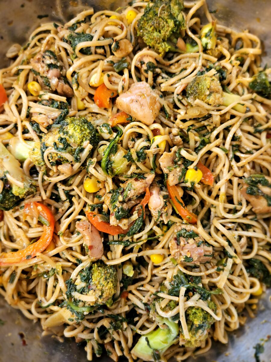 close up of noodles and veggies