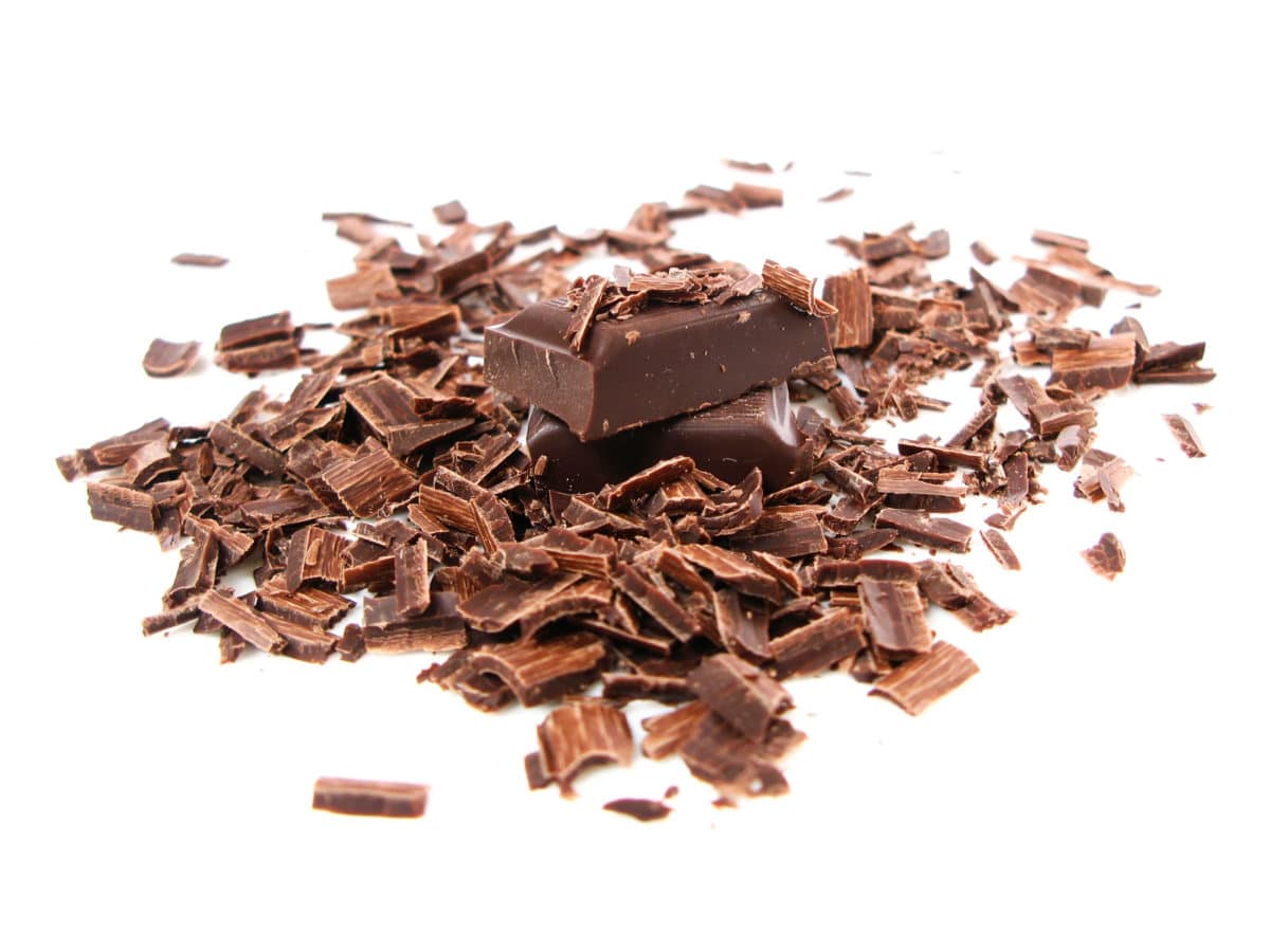 Close-up view of dark chocolate shavings