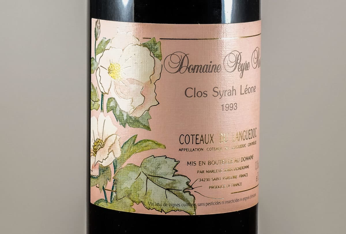Close-up of Domaine Peyre Rose Clos Syrah Leone 1993 wine label.