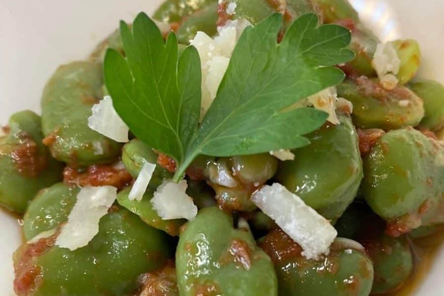 Fresh fava bean salad garnished with herbs.