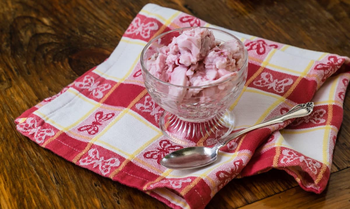 Glass cup filled with pink homemade frozen yogurt