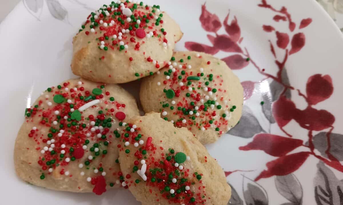 Festive Xmas cookies on a tablecloth