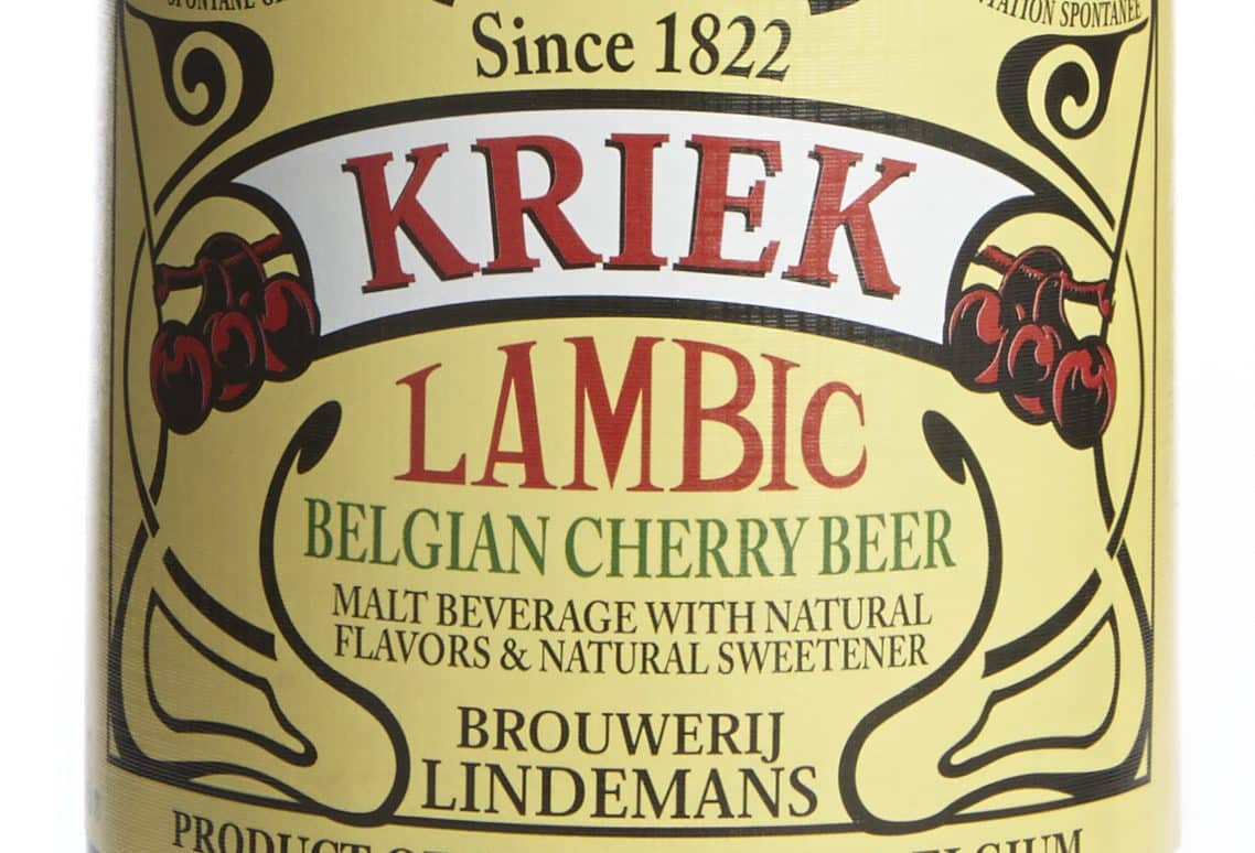 Close-up of Lindemans Kriek Lambic label showing cherries and text.