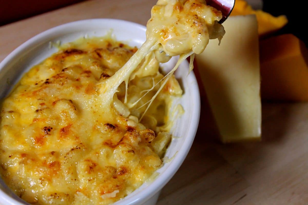 Close-up view of baked macaroni and cheese