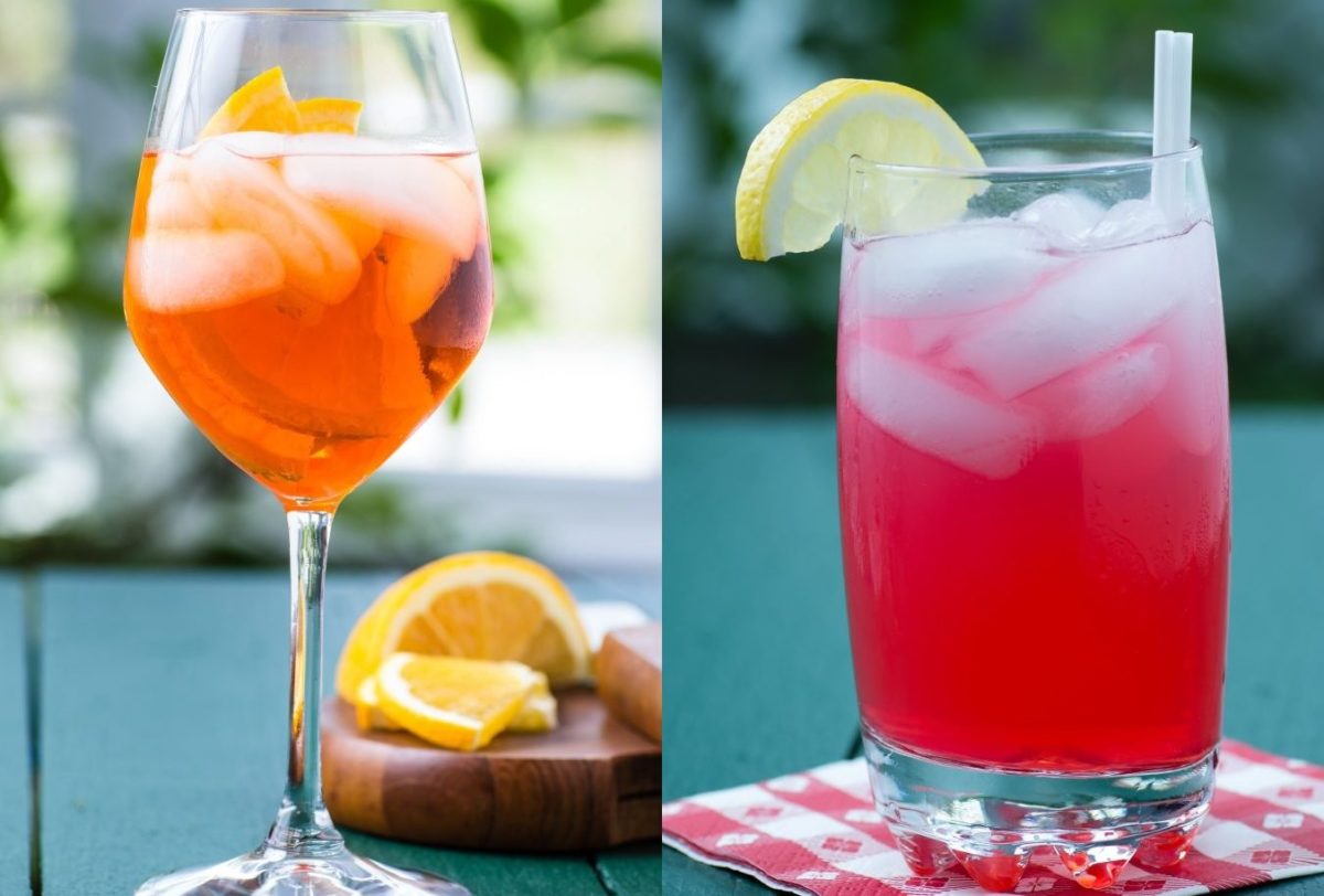 Two cocktails: A red Diabolo and an orange Aperol Spritz, both with lemon slices.