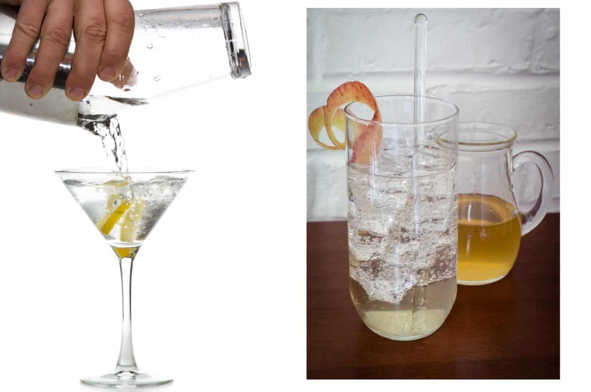 A martini glass next to a tall glass with ice and an apple peel