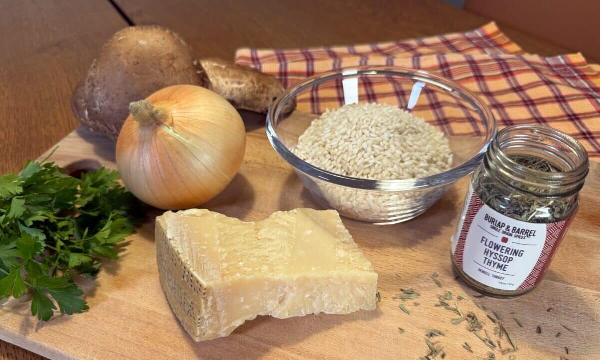 Ingredients on table for Mushroom risotto with flowering hyssop thyme