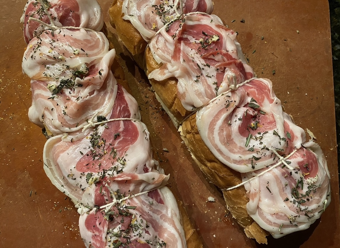 Pork and pancetta on a baguette slice