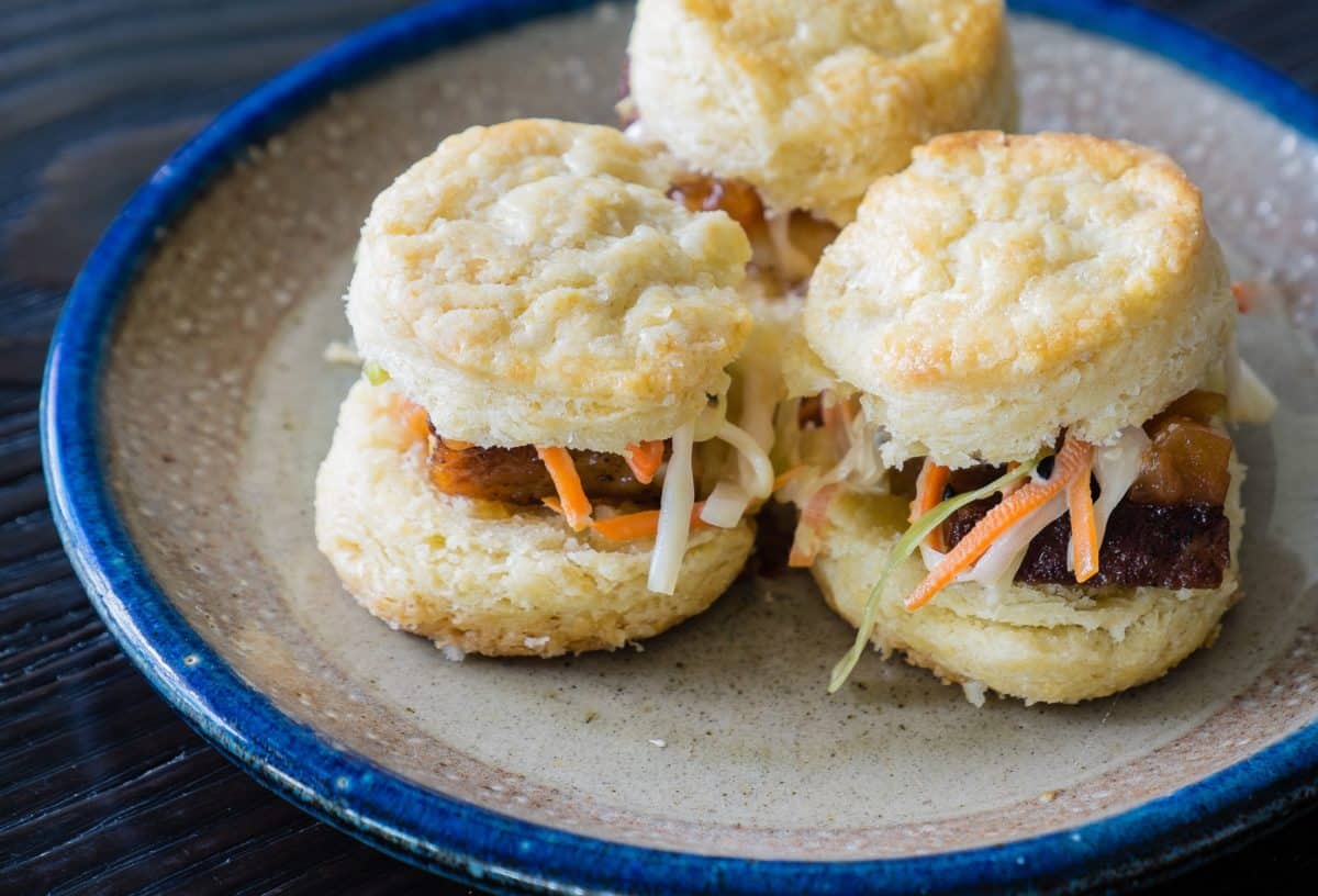 Delicious pork sliders encased in fluffy biscuits.