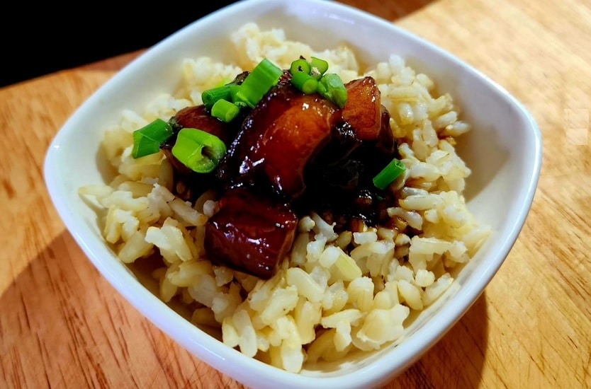Bowl of rice topped with red braised pork and green onions
