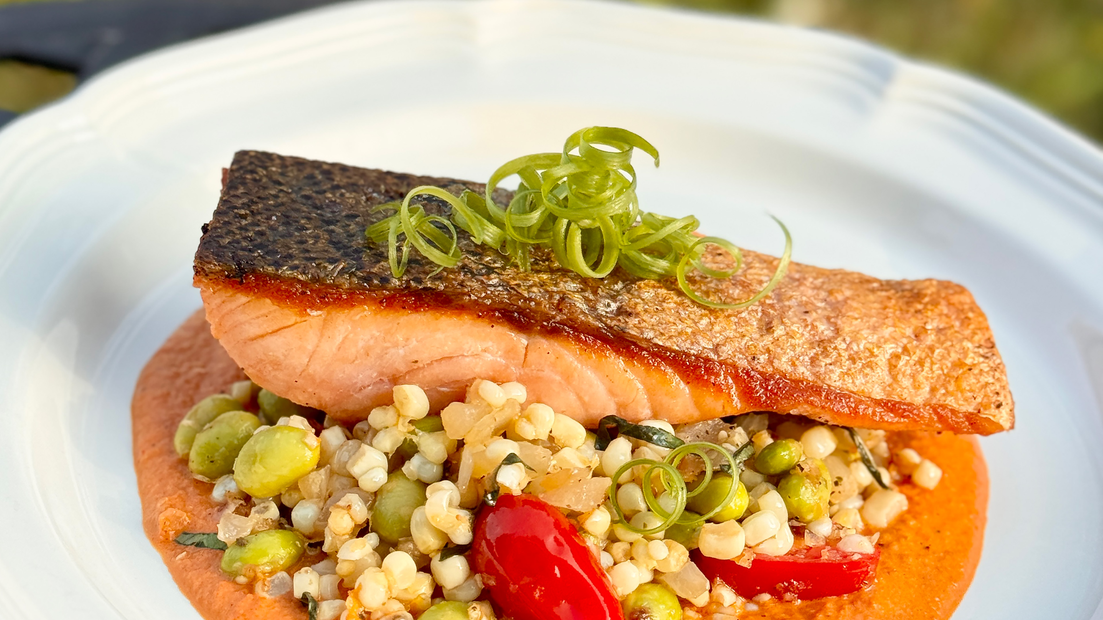 Lightly Smoked Salmon with Romesco and Edamame Succotash