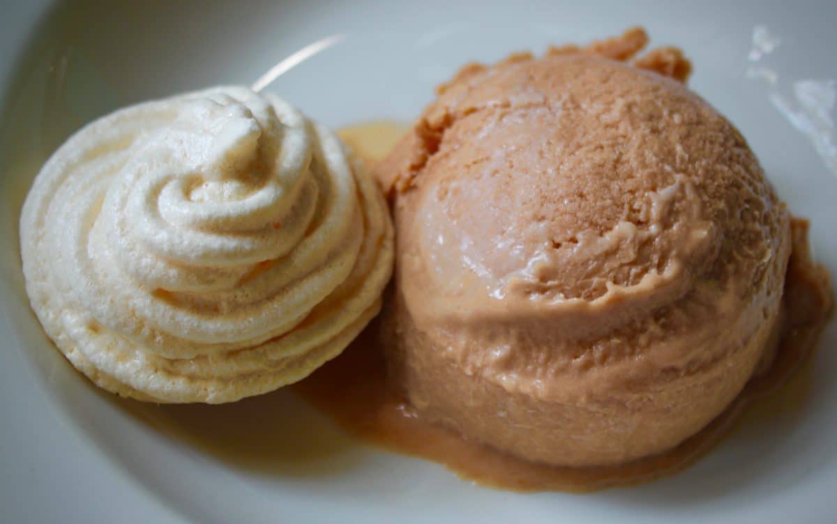 Close-up of wild sourplum (mungomba) ice cream served beside a soft meringue
