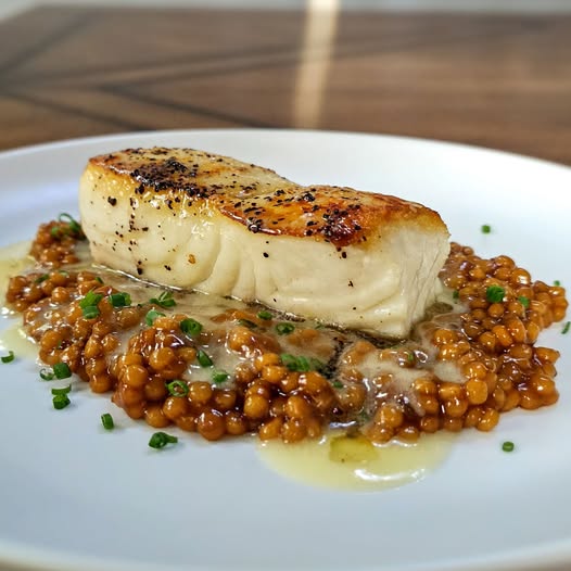Sumac Seared Halibut filet plated on a bed of pearl couscous
