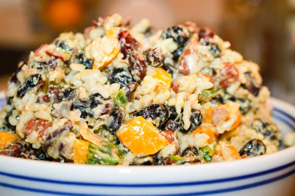 Bean and Vegetable Salad with Toasted Rice in a White Bowl
