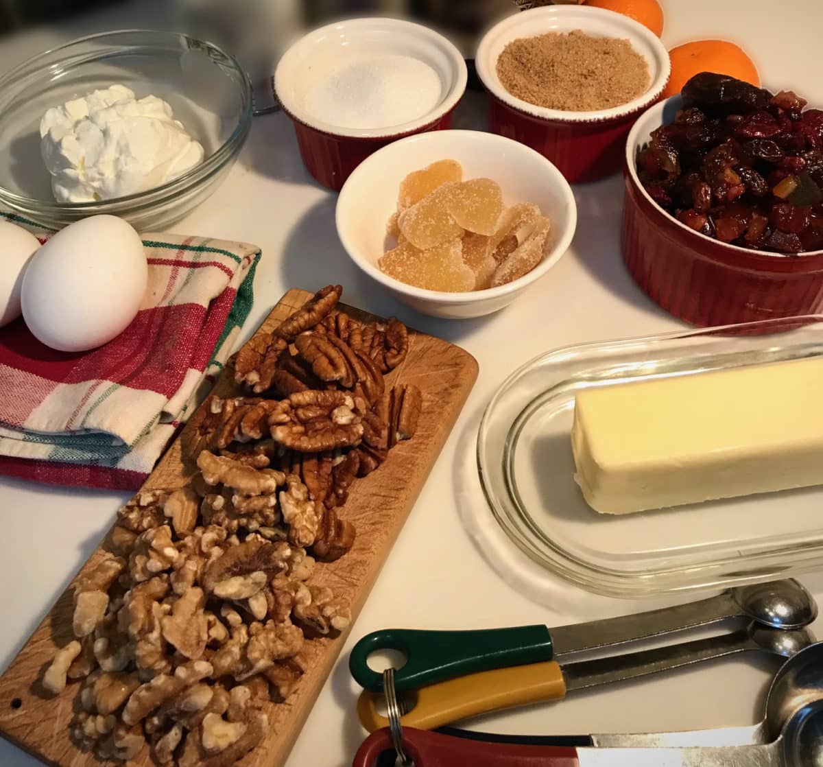 Mise en place setup with cake ingredients and utensils.