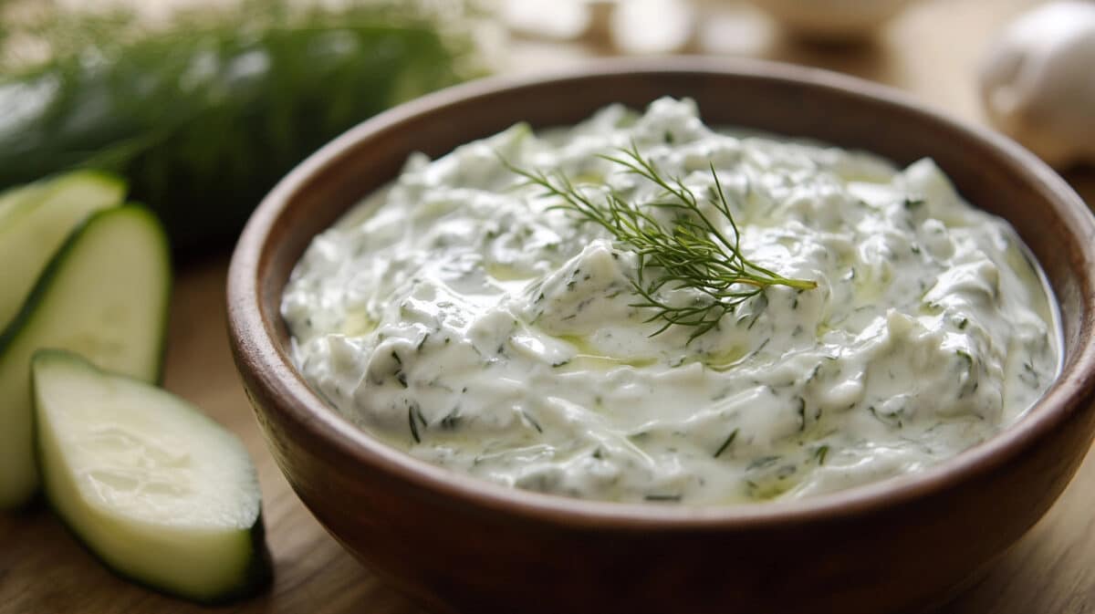 Tzatziki is a ceramic bowl topped by a sprig of fill.