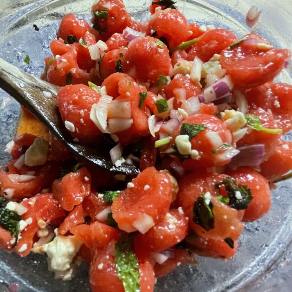 Fresh watermelon salad with feta, mint, and onion