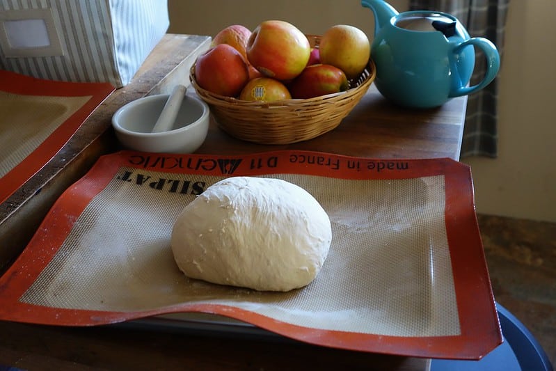 A mound of yeast bread dough on a mat, ready to rise