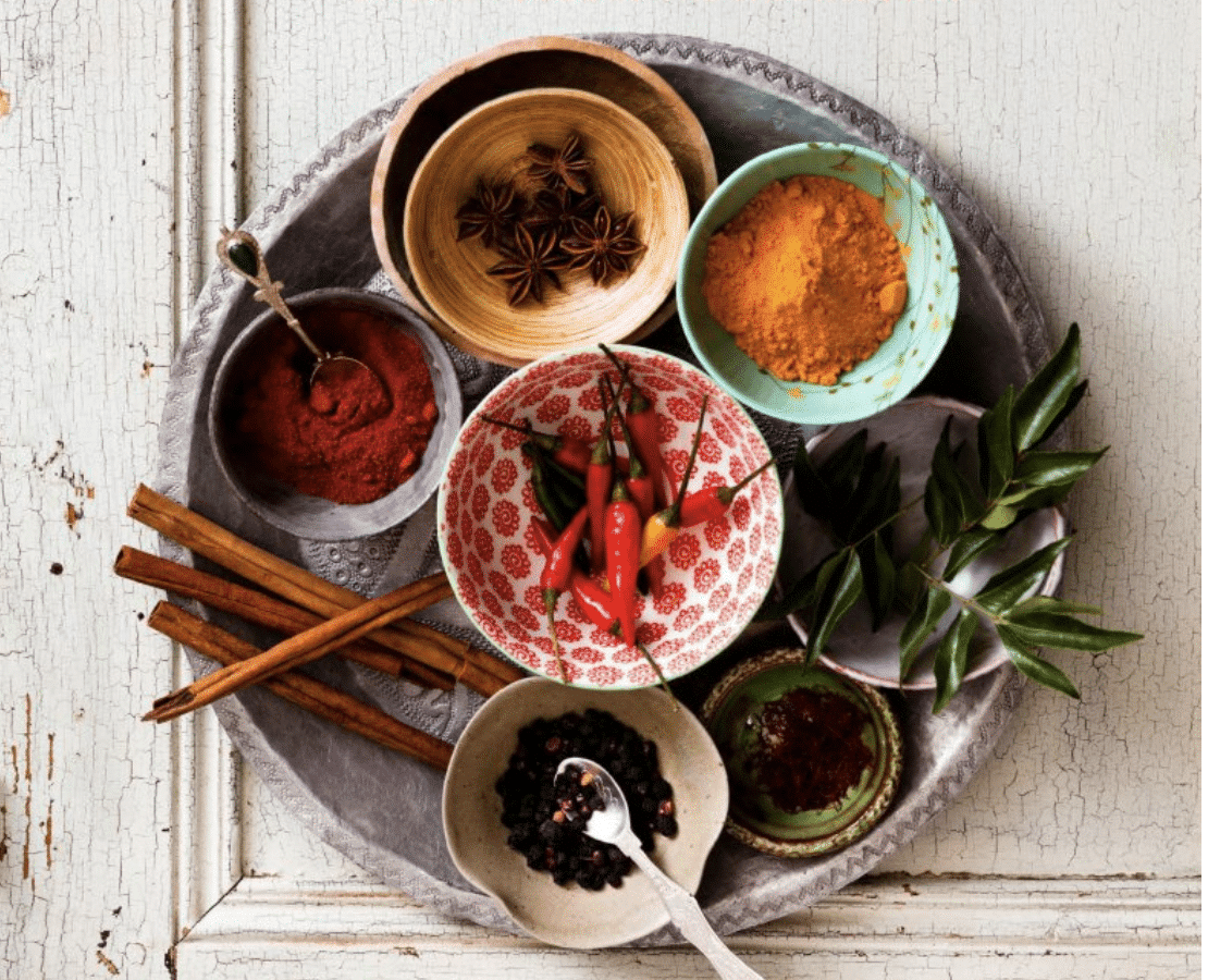 Bowls filled with various aromatic Indian spices displayed on a rustic background.