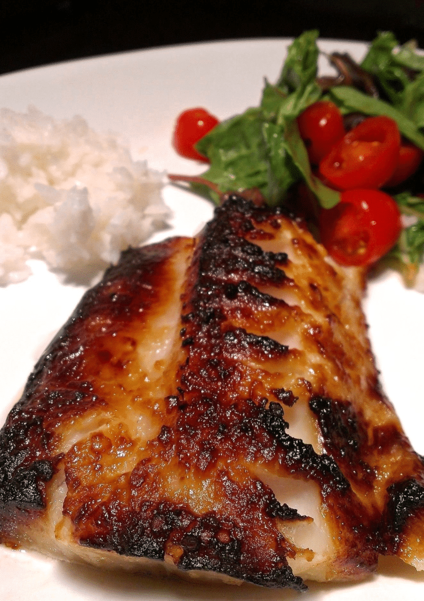 Miso Glazed Black Cod with Salad and Rice