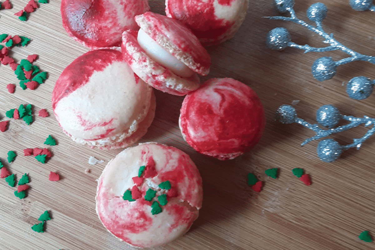 Red and white Christmas peppermint macarons