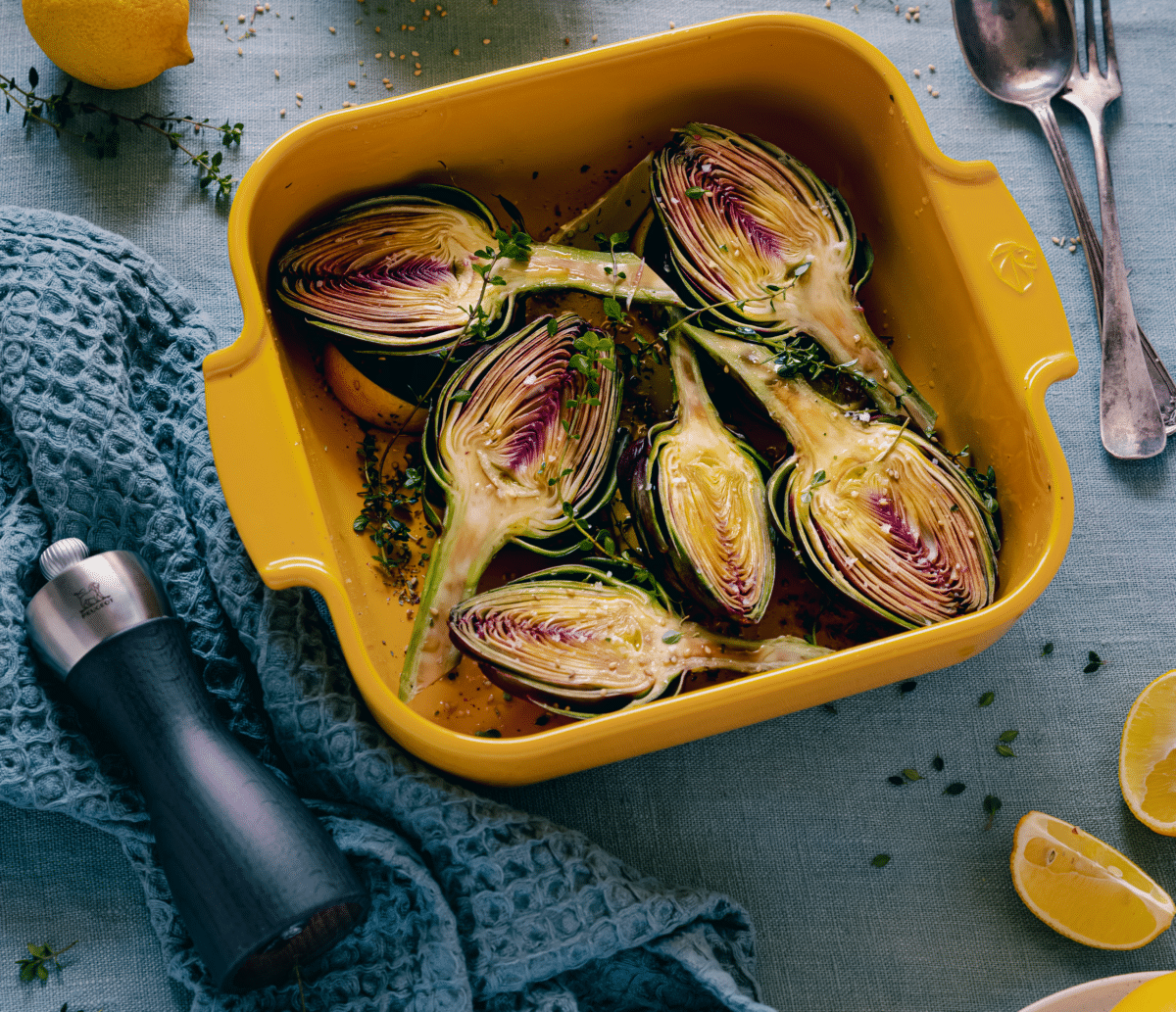 Roasted Artichokes with Feta and Fresh Thyme kn Peugeot Apollia Saffron Baker